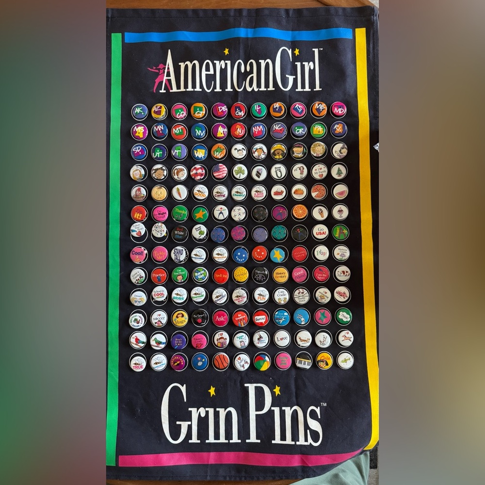 American Girl Grin Pins w/ banner, full banner, 143 pins, no duplicates!